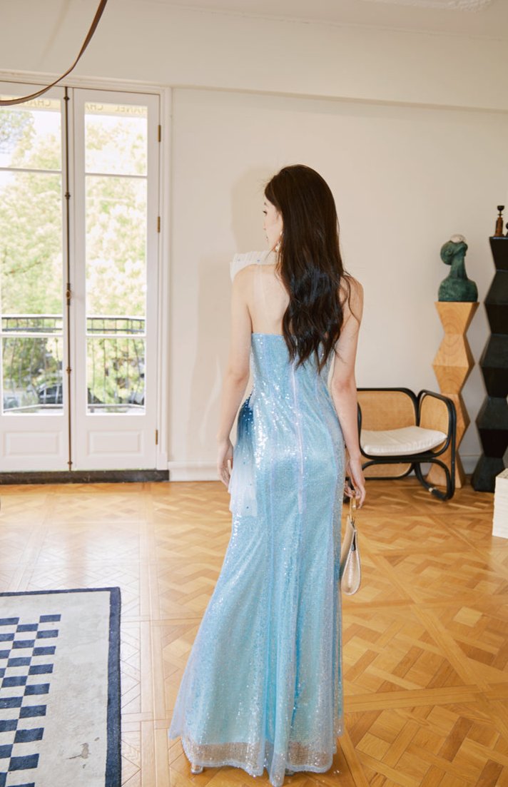 DOLLY Luxury Blue Sleeveless Mesh Bandeau High Waist Long Fish Tail Cocktail Dress-SENORA