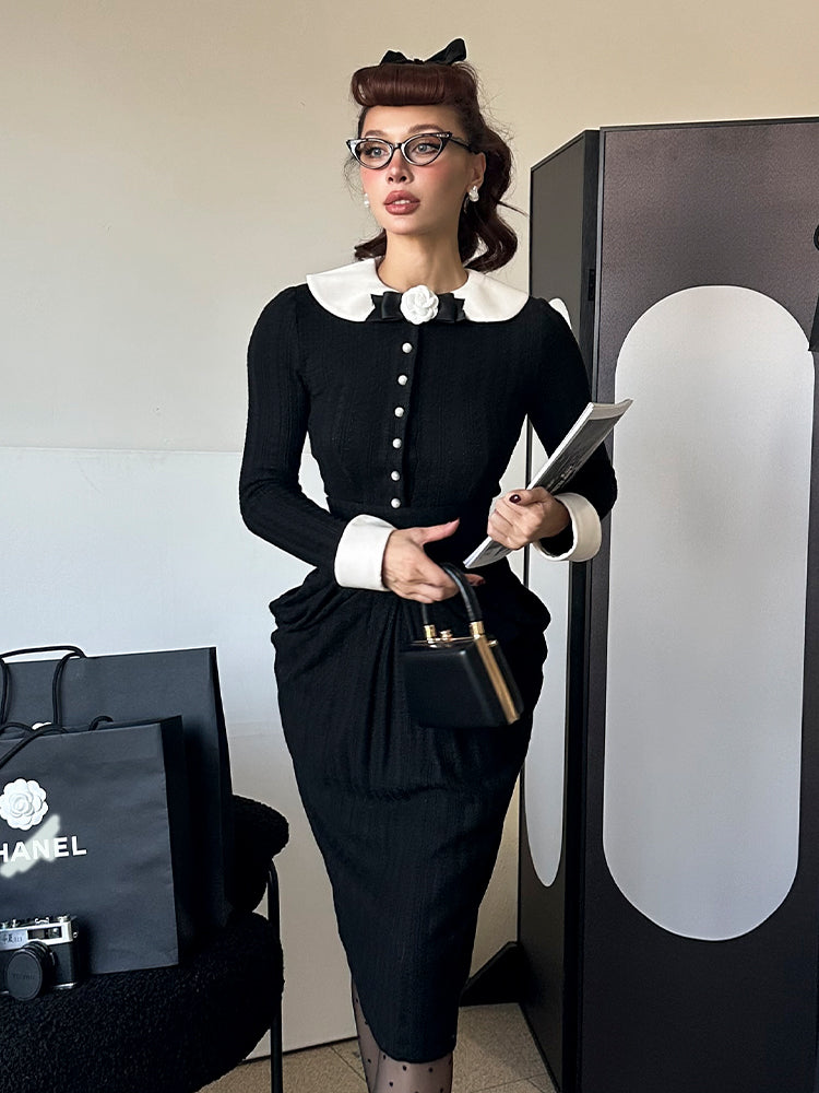 Le Palais Vintage Elegant Black and White Round Neck Cardigan High Waist Pencil Office Skirt-Ivy