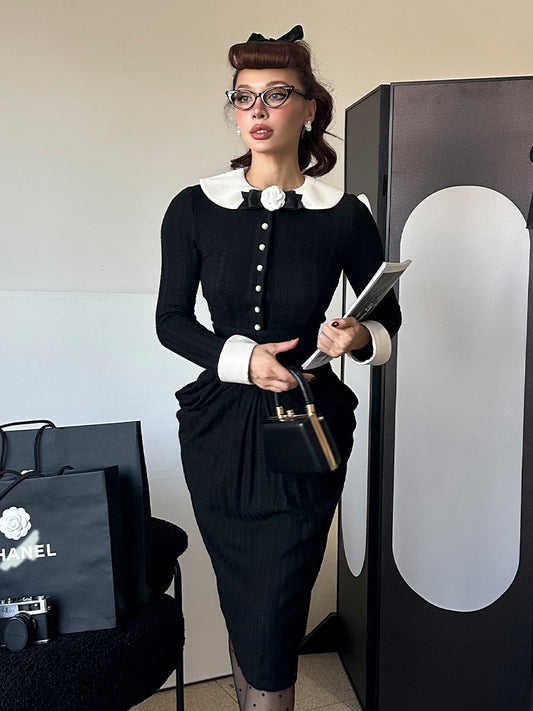 Le Palais Vintage Elegant Black and White Round Neck Cardigan High Waist Pencil Office Skirt-Ivy