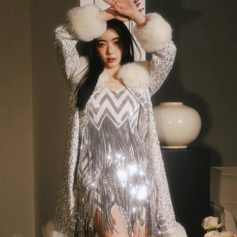 Wardrobes by Chen Elegant Diamond Silver-Gray Fur Collar Long Winter Jacket-Jam