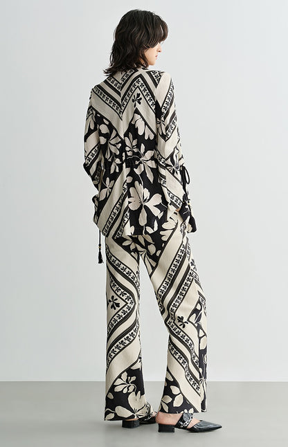 COMME MOI Lv Yan designer summer  black and white printed tassel straight-leg pants - KAIN.