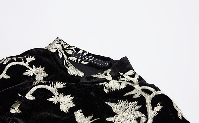 ZHUCHONGYUN bronzing velvet slit long sleeve floral dress-SHOUYA.