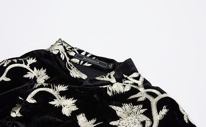 ZHUCHONGYUN bronzing velvet slit long sleeve floral dress-SHOUYA.