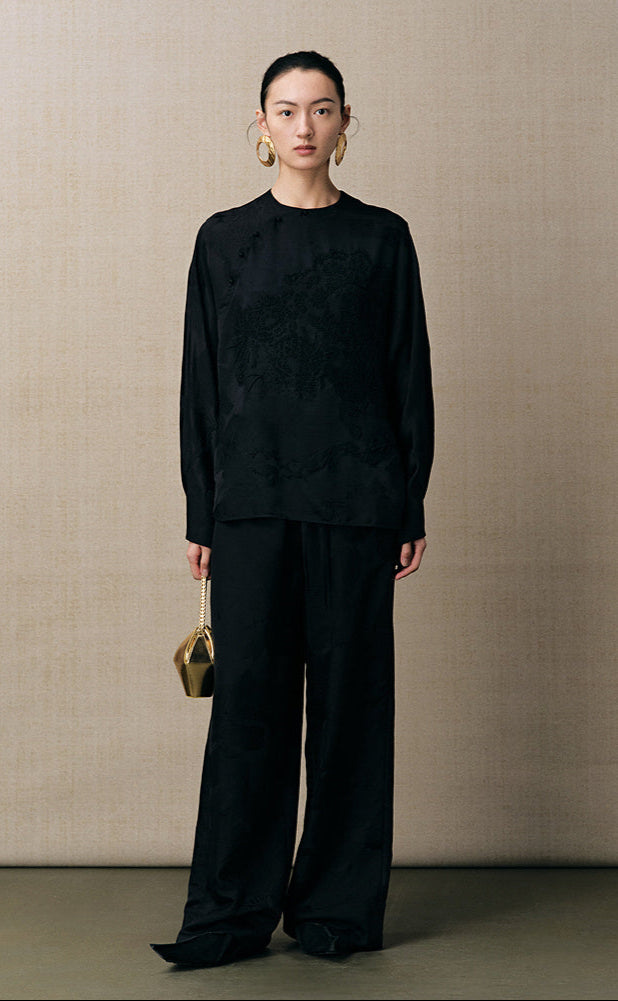 ZHUCHONGYUN black new Chinese silk satin jacquard wide-leg trousers-LAD.