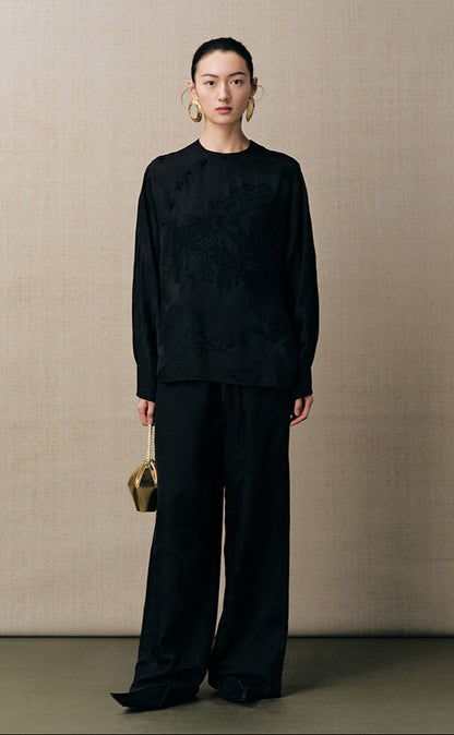ZHUCHONGYUN black new Chinese silk satin jacquard wide-leg trousers-LAD.