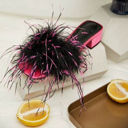 B-FEI feather slippers mid-heel color-blocked women's sandals-UCHIS.