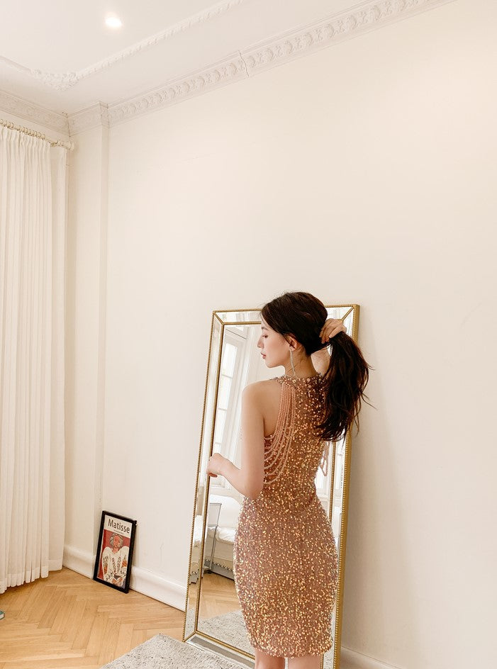 DOLLY Luxury Gold Sleeveless Stand Collar Sequin Beaded Tassel Evening Dress-LILY