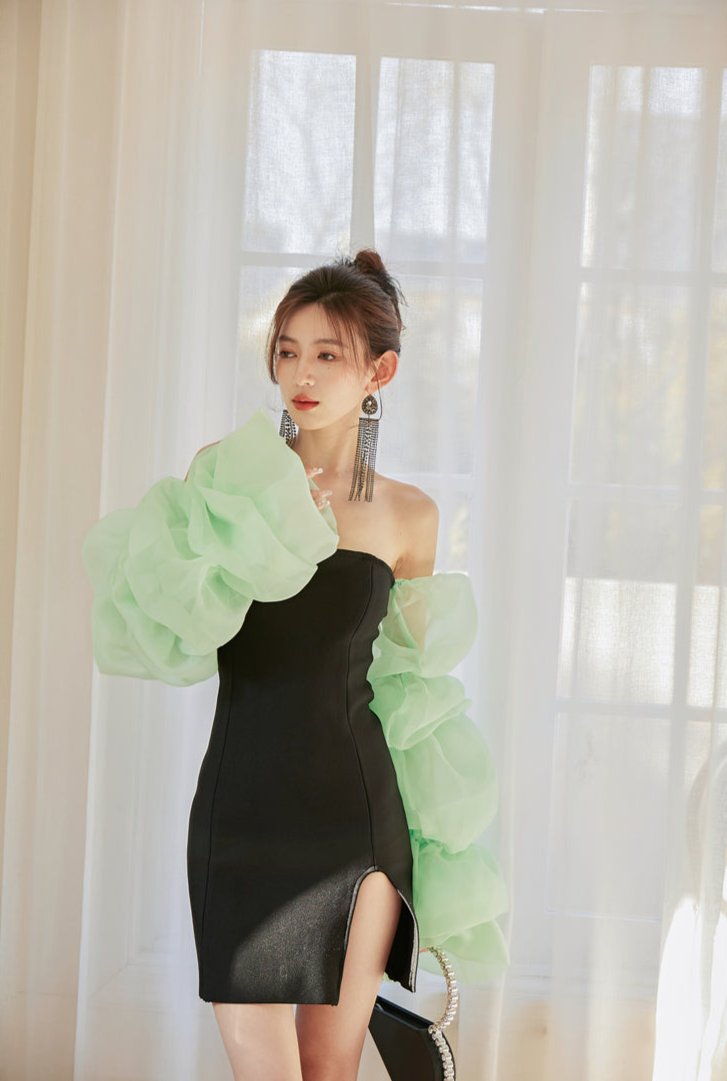 DOLLY Elegant Black Chest Wrap Long Puff Sleeve Slim Fit Short Slit Party Dress-KABRINA