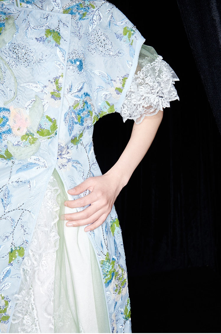 M essential Mackay designer Jiyi embroidery silk hand-dyed embroidered maxi dress - BAM.