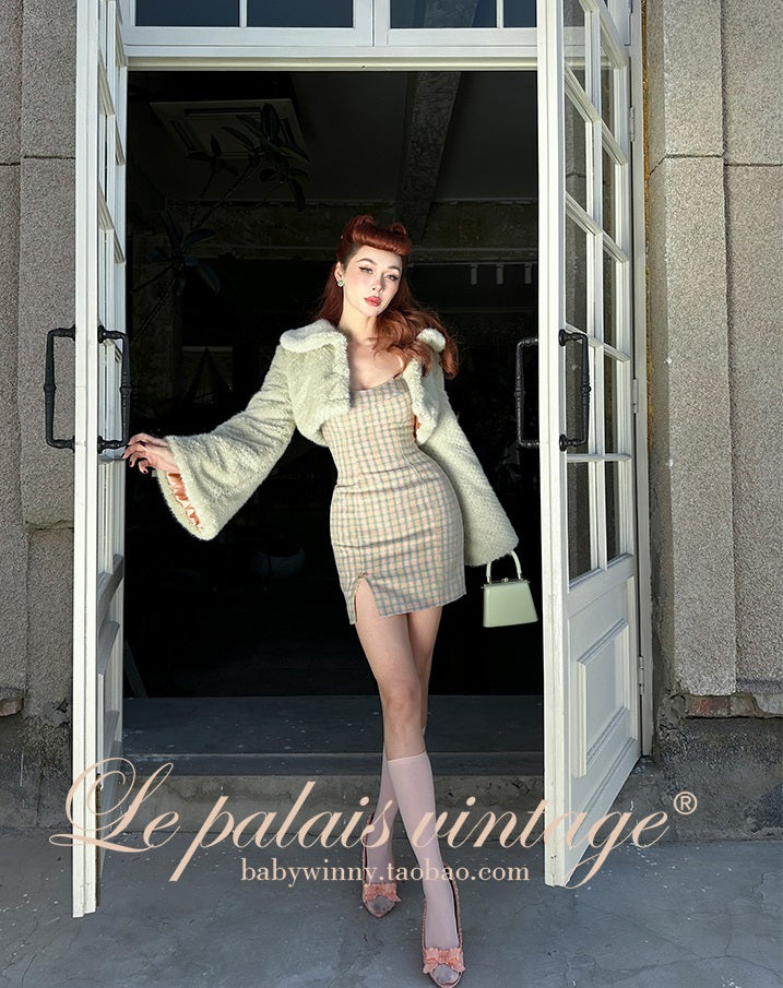 Le Palais Vintage High End Long Sleeves Slim Jacket Bow Tweed Slit Dinner Suit Dress-Carey