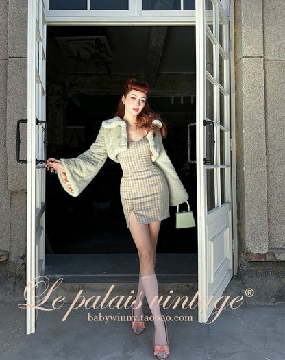 Le Palais Vintage High End Long Sleeves Slim Jacket Bow Tweed Slit Dinner Suit Dress-Carey