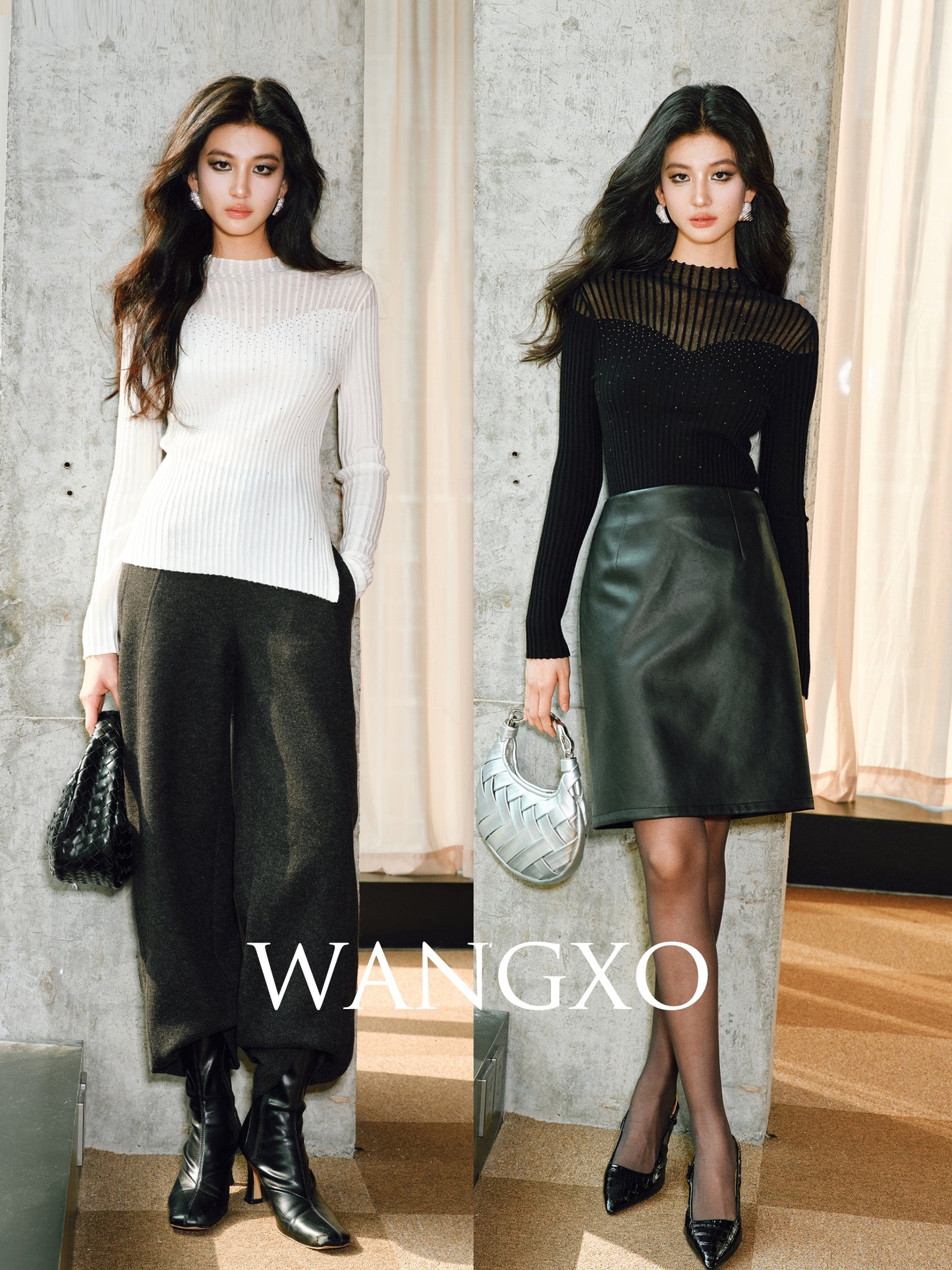 WANGXO | Worsted Wool with 3D Pit Stripes Openwork Diamond Detail Knitwear -ENYA.