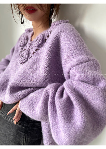 Aconiconi|Purple Flower Crochet openwork long cropped loose wool knit sweater  dress - Twilight