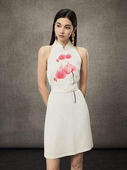HECO Phalaenopsis Print Sleeveless Belted Short Dress  - QUITE.
