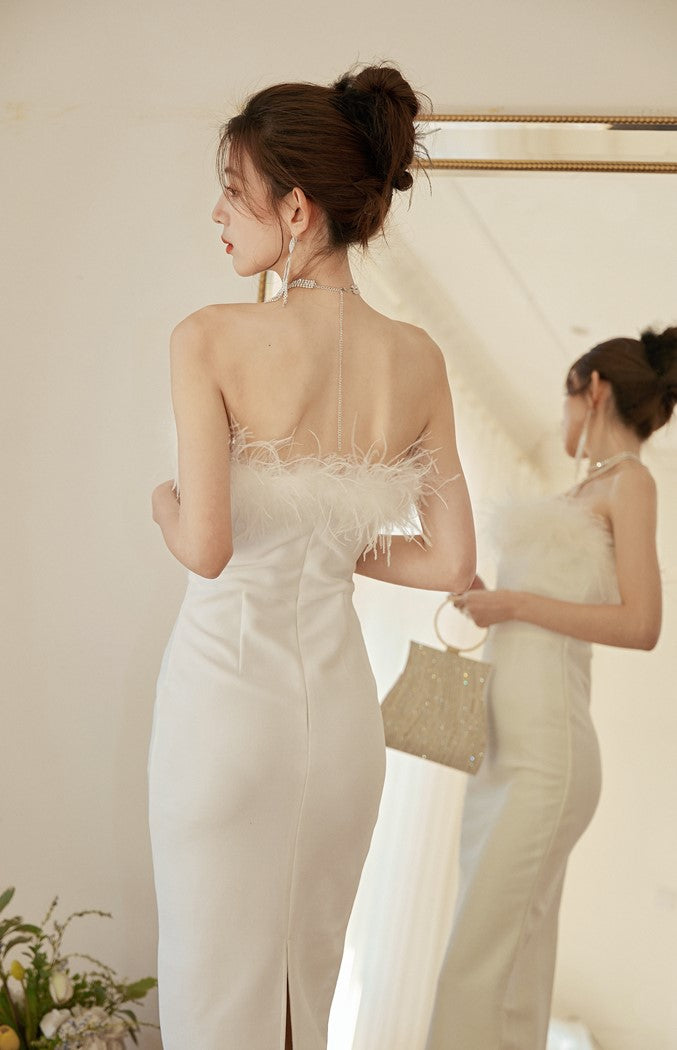 DOLLY Luxury White French Style Sleeveless Feather Tube Top Long Party Dress-HEIDI