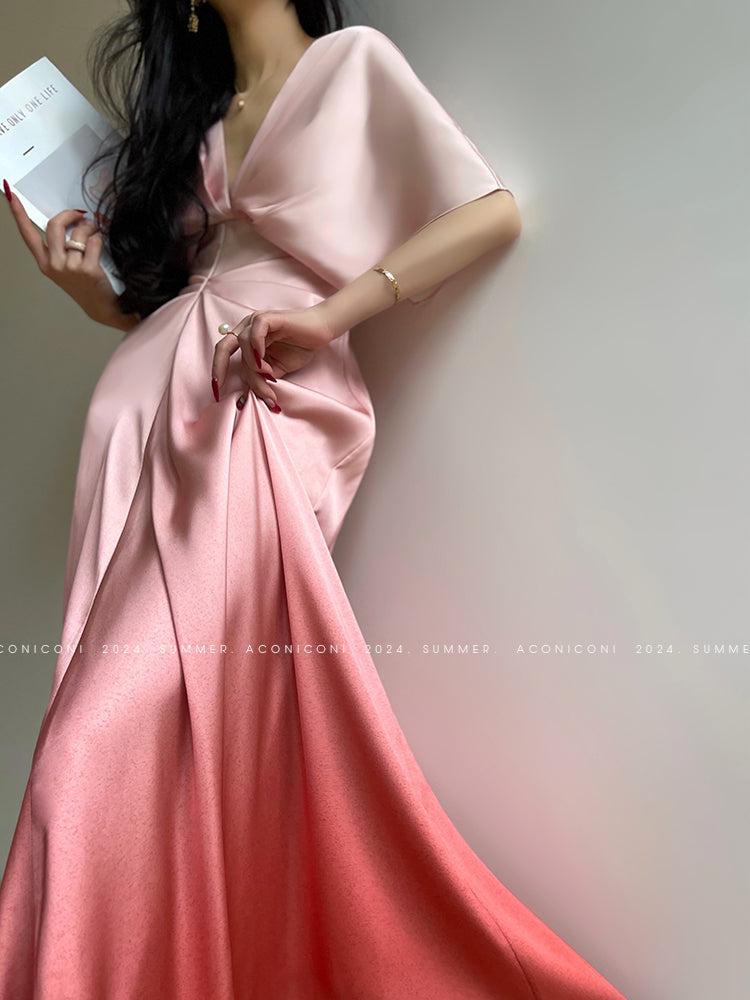 Aconiconi Elegant Peach V-Neck Batwing Sleeve Long Wedding Guest Dress- Sweet wine Aconiconi Elegant Peach V-Neck Batwing Sleeve Long Wedding Guest Dress- Sweet wine