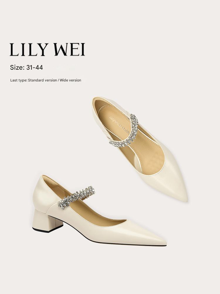 LilyWei [Bright Moon] French rhinestone with pumps, pointed toe, square heel, comfort-DAISY