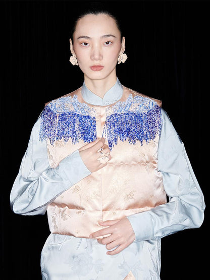 M essential Mackay designer seawater river cliff tassel beaded vest shirt skirt set- six.