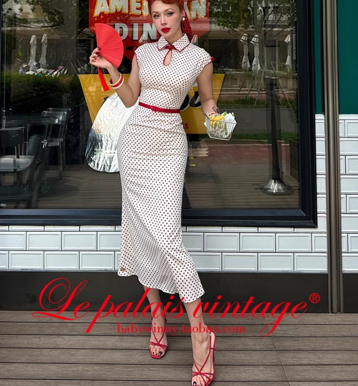 Le Palais Vintage  Elegant Red and White Polka Dot Slim Hong Kong Style Fishtail Dress-KONG