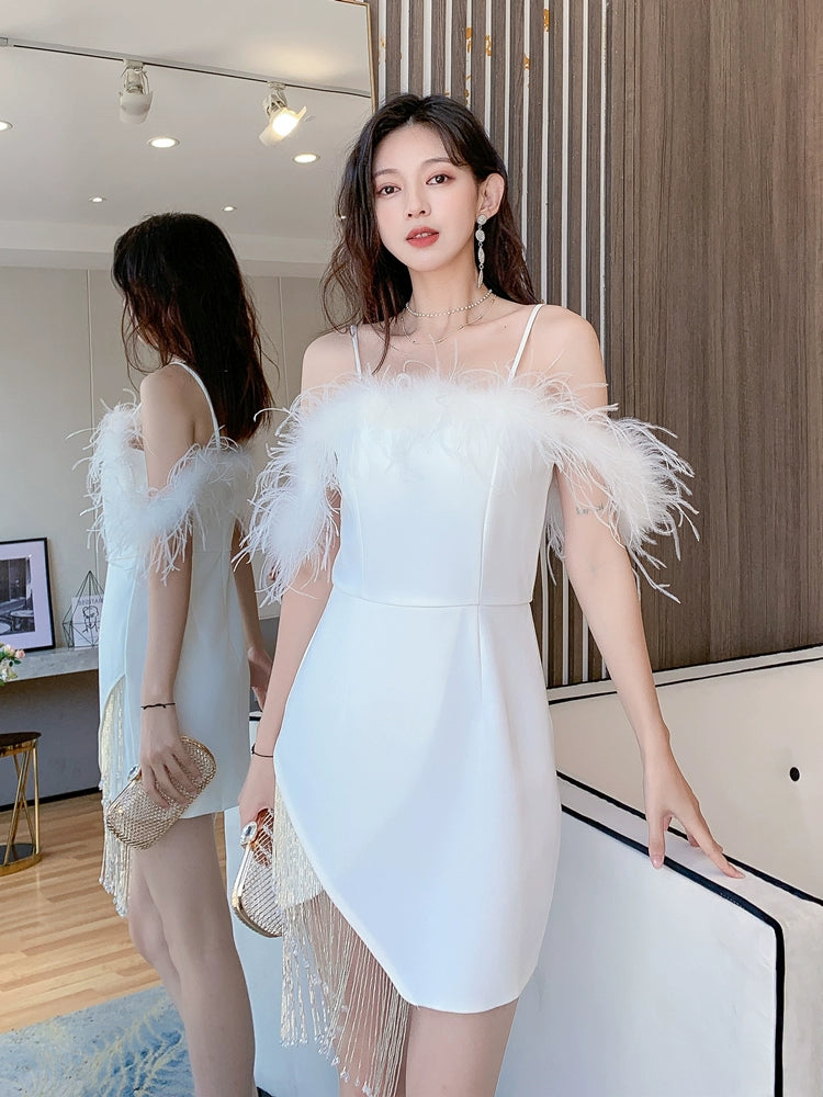DOLLY Elegant Sling Off Shoulder Feather Slim Fit Short Tassel Birthday Dress-JAJA