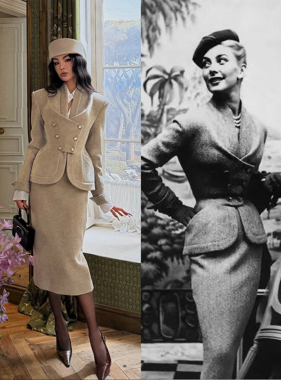 MEI SANGUAN Beige Gray Double-Breasted Jacket & Midi Skirt Suit - ETHAN