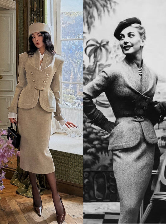 MEI SANGUAN Beige Gray Double-Breasted Jacket & Midi Skirt Suit - ETHAN