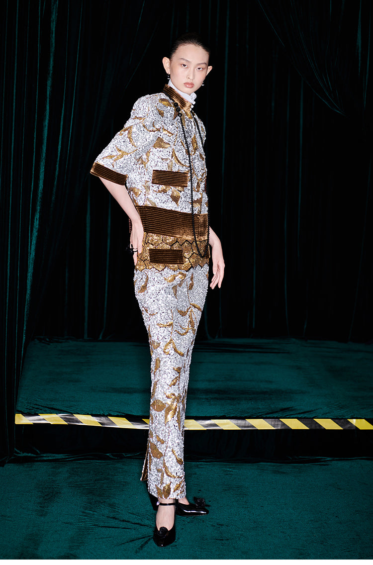 M essential Mackay luxury brown silver stand collar short seuins  jacket top pencil skirt set - sans.