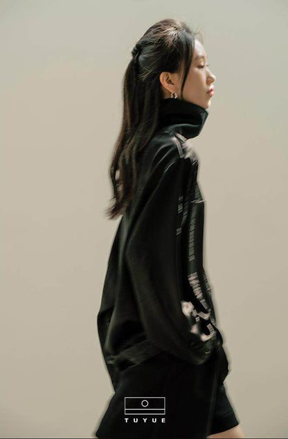 TUYUE Black Acetate Satin Calligraphy Dark Pattern High Neck Long Sleeve Shirt- JOSH.