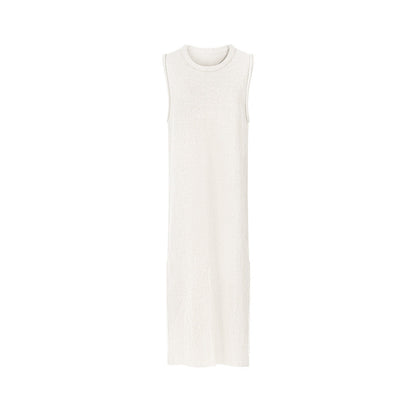 TUYUE Simple and elegant knitted crew neck sleeveless double slit dress- BRONU.