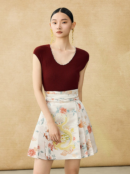 HECO Chinese style U-neck nail bead shoulder wrap small fly sleeve top - ROSE.