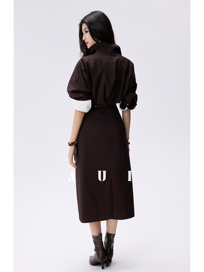 AUI Mocha Mousse Polo Collar Cinched Waist Long Sleeve Straight dress - Ji-Yoo