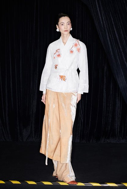 M essential Mackay designer label Quiet lace dahlia Thai lion goldfish studded Kimono Top - NICE.