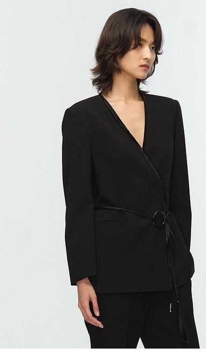 COMME MOI Lu Yan Designer New Women's Acetate V-Neck Waist Rope Slim Suit - BAKA.