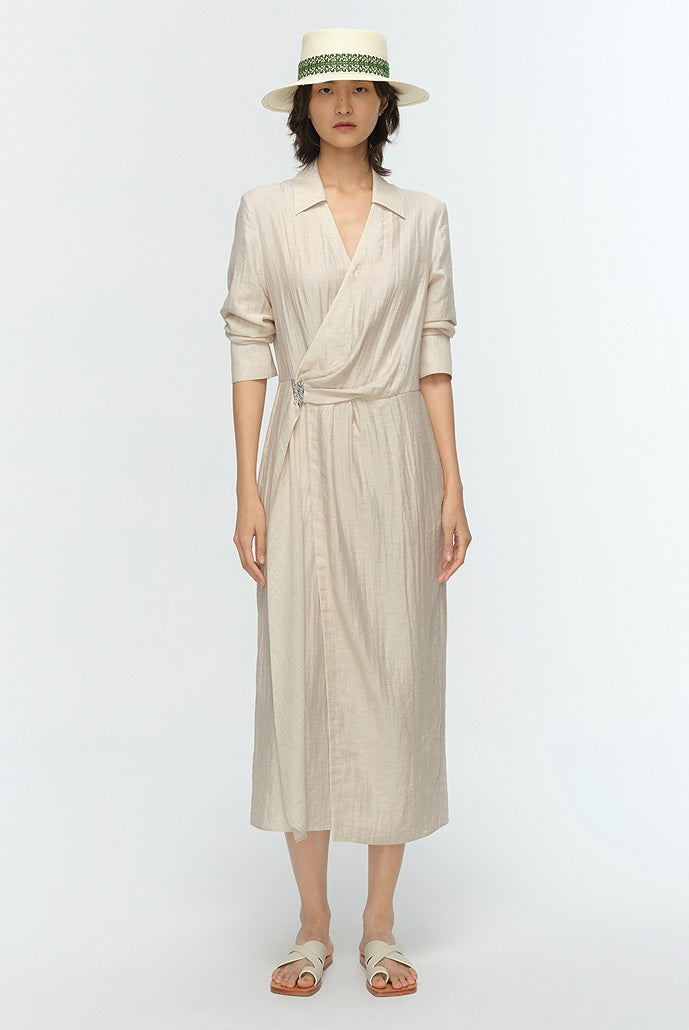 COMME MOI women's V-neck lace-up pinch pleated midi dress - JOSEPH.