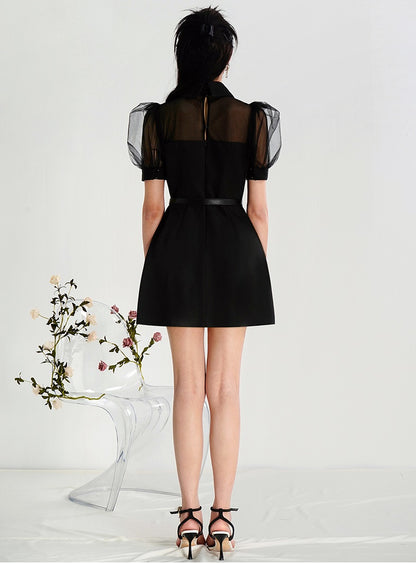 CHECOCRE Cute Nail Diamond Mesh Puff Sleeves Little Black Dress - INOVATIVE