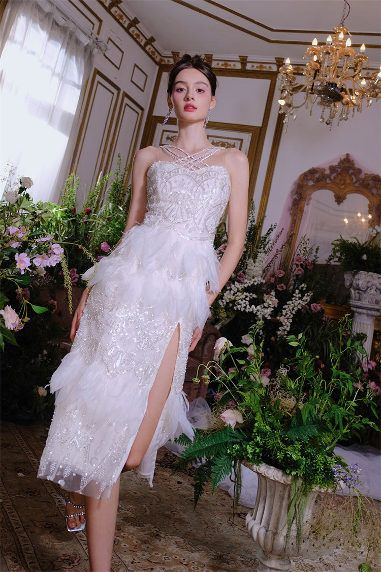 Wardrobes by Chen Luxury Whitebridal  Feather Slit Dinner Dress-Ammy