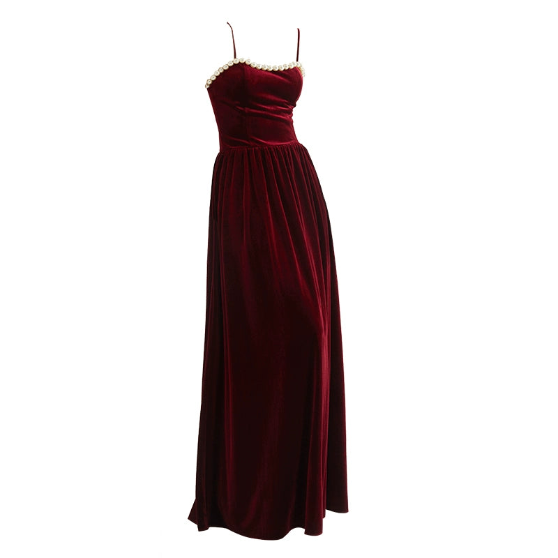 GOUDIN women's long velvet temperament slip evening dresses-LEON.
