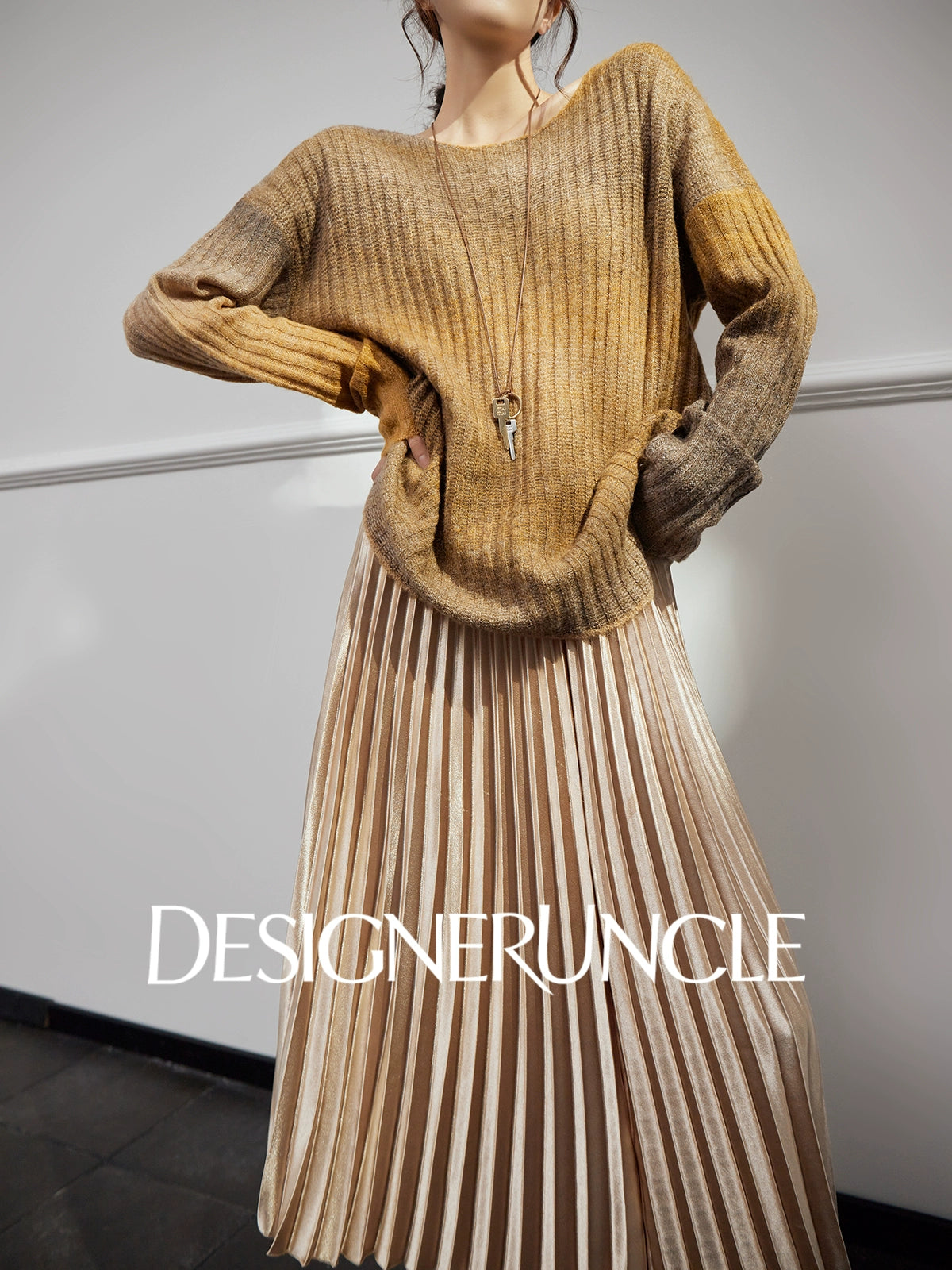 DGU "Tan Oak" khaki wool knitted new versatile slimming high-end design top - Noa.