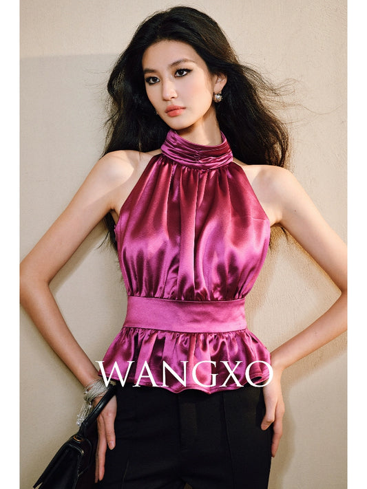 WANGXO Acetate Satin Silky Smooth Collar Cut-Out Aesthetics Shirred Waist Umbrella Top - VIOLA