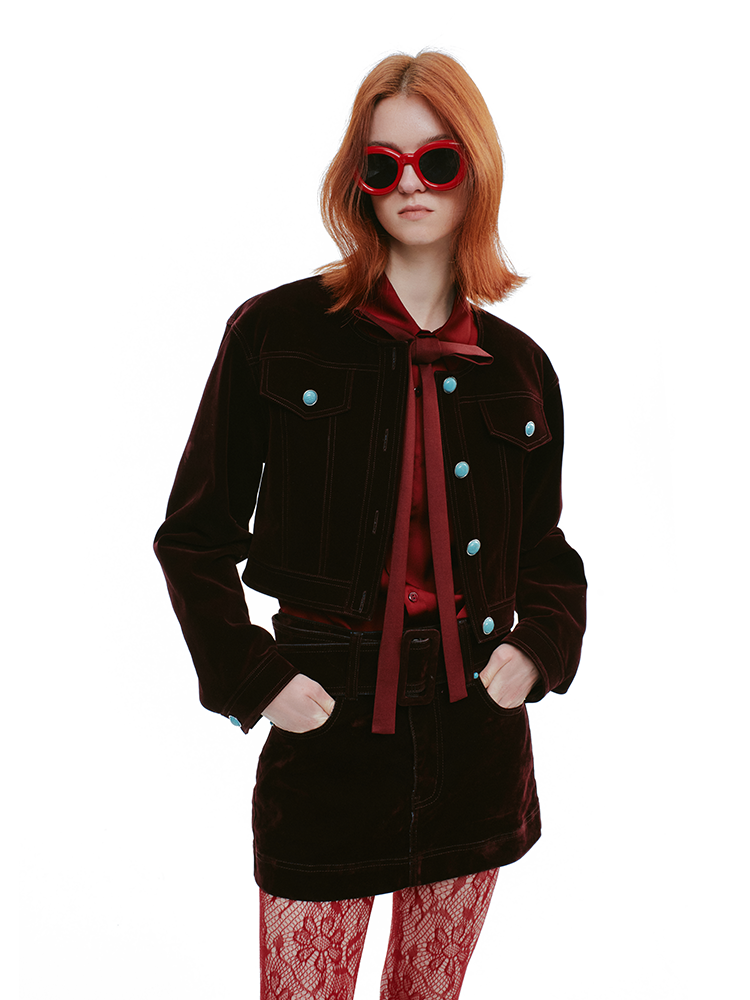 YES BY YESIR Velvet Denim Short Jacket and Skirt Set - WEST.