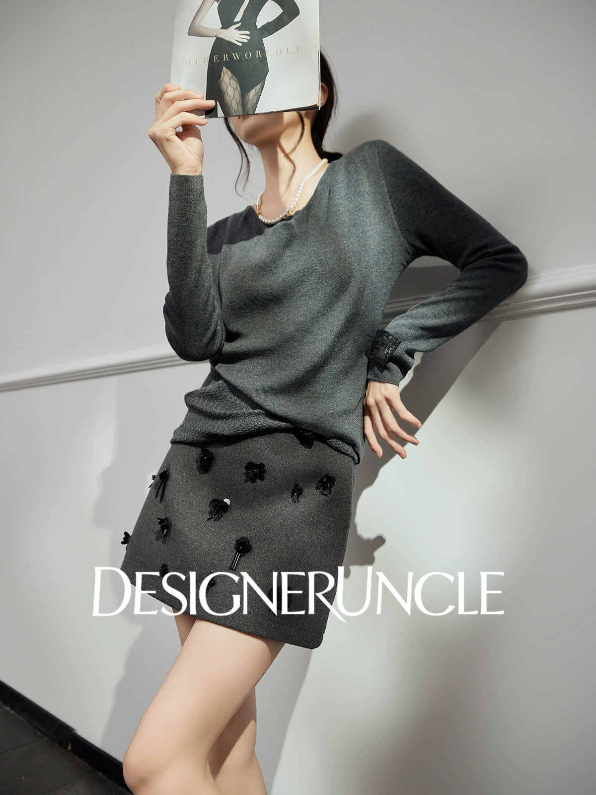 DGU "Ye Ni" gray wool knitted sweater versatile commuter slimming design top - Dylan.