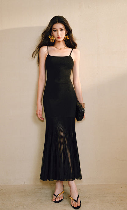 WANGXO | High-Quality Linen Tulle Temperament Suspender Fishtail Dress-LÉYA.