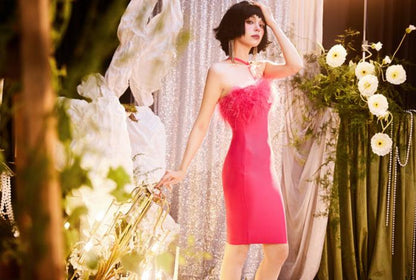 DOLLY Luxury Rose Pink Sleeveless Halter Neck High Waist Knitted Sexy Dress-PURSIA