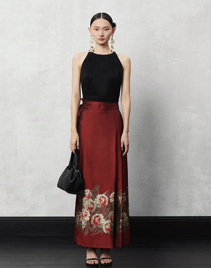 HECO Woven Gold Pattern Blue Horse Face Pleated High Waisted Skirt - tech.