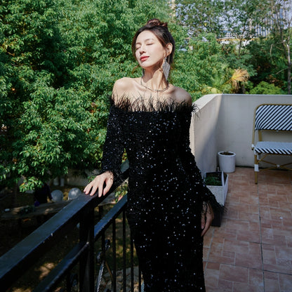 DOLLY Luxury Black Off Shoulder Feather Sequin Tube Top Long Evening Dress-LORELEI