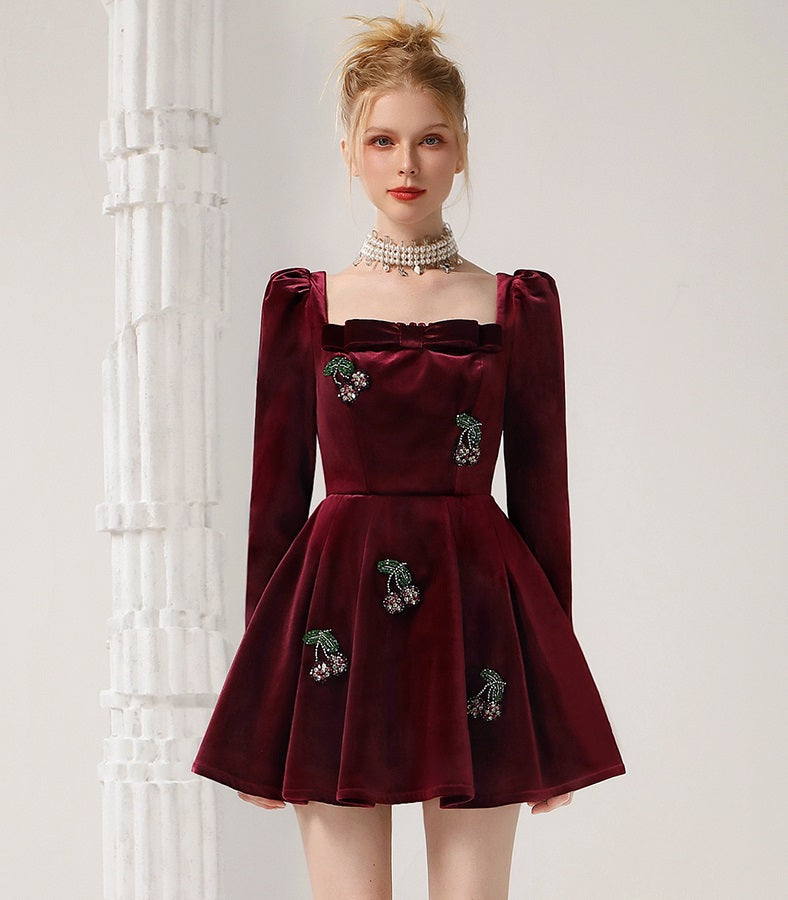 CHECOCRE Elegant French Vintage Cherry Banque Velvet Red Short Dress - TRANS