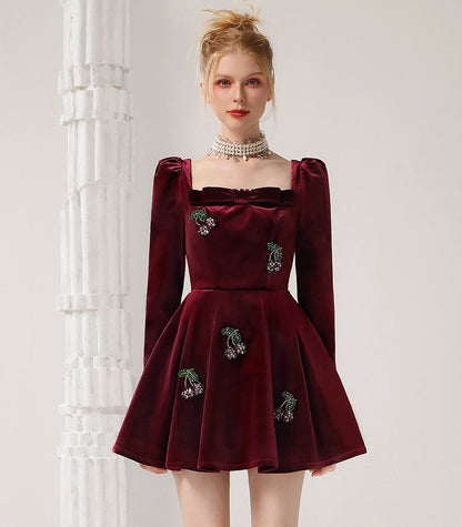 CHECOCRE Elegant French Vintage Cherry Banque Velvet Red Short Dress - TRANS