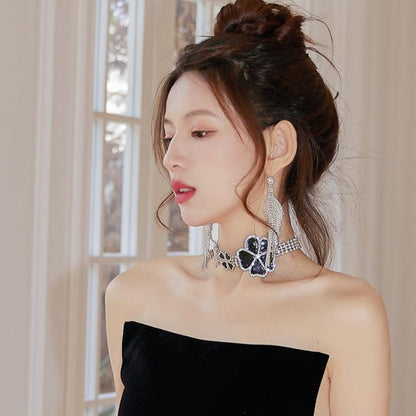 DOLLY Elegant Black Big Flower Diamond Chocker Chic Necklace-AMAL