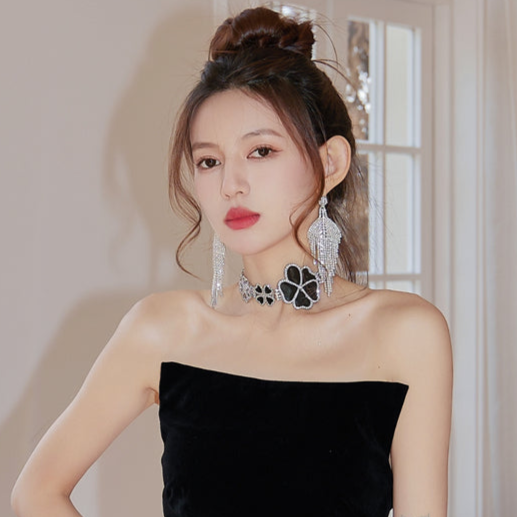 DOLLY Elegant Black Big Flower Diamond Chocker Chic Necklace-AMAL