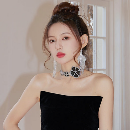 DOLLY Elegant Black Big Flower Diamond Chocker Chic Necklace-AMAL